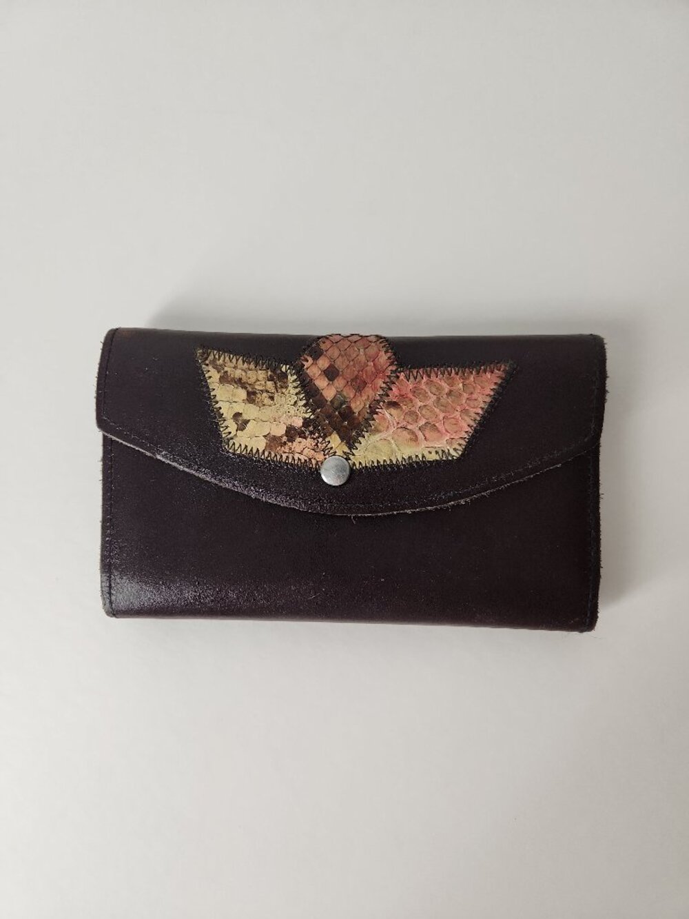 Vintage patchwork snakeskin and brown leather wallet